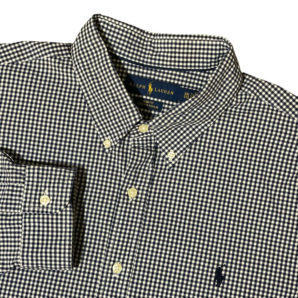Polo Ralph Lauren Shirt Mens XXL Blue White Gingham Poplin Slim Fit Stretch